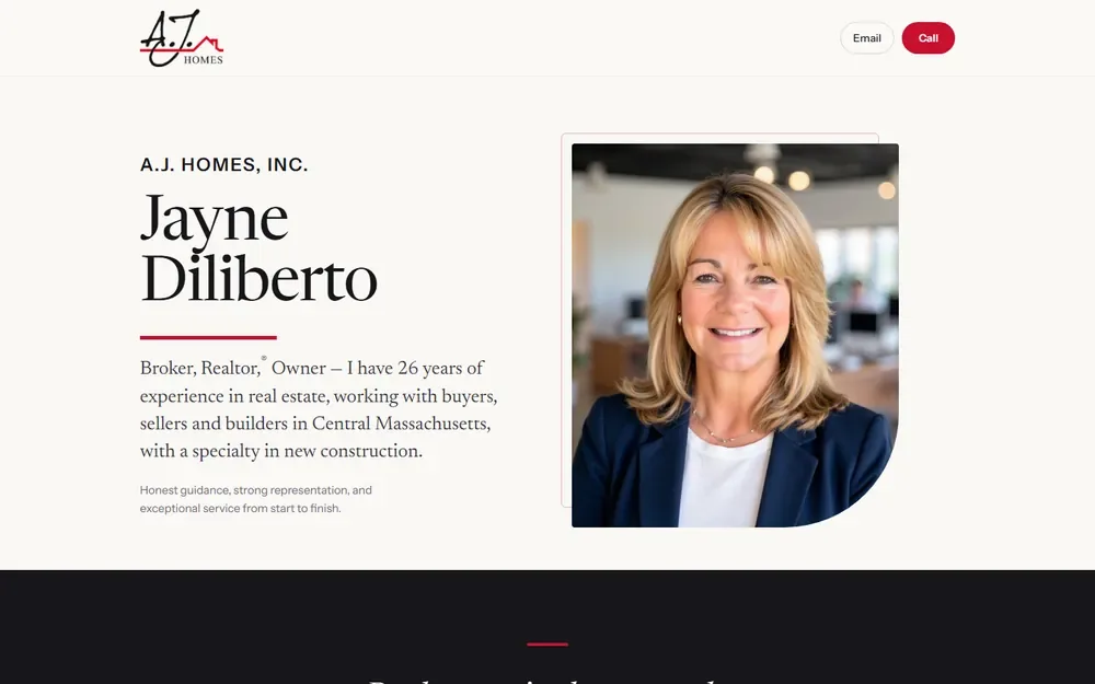 The real estate broker website for A.J. Homes Realty shown on a desktop browser