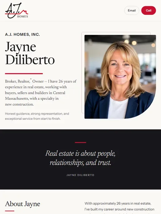 The real estate broker website for A.J. Homes Realty shown on a tablet
