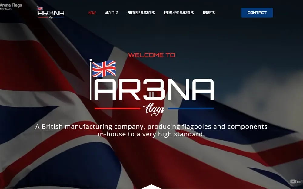 The flagpole manufacturing website for Arena Flags shown on a desktop browser