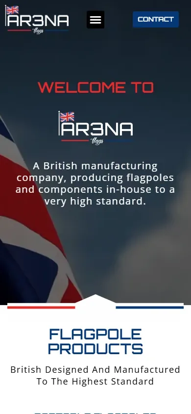 The flagpole manufacturing website for Arena Flags shown on a phone