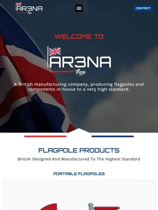 The flagpole manufacturing website for Arena Flags shown on a tablet