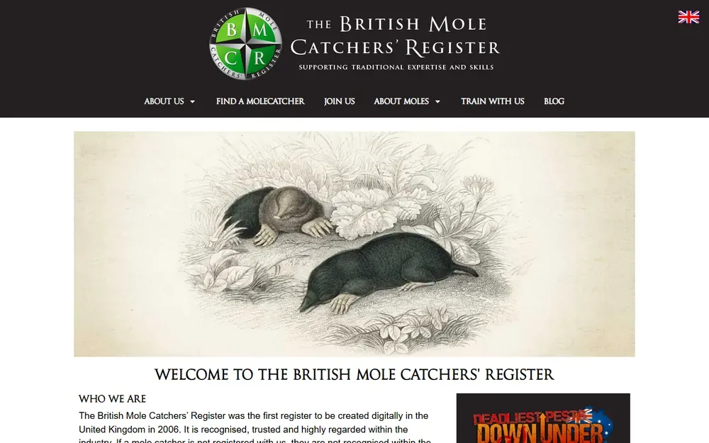 The professional membership register website for British Mole Catchers' Register shown on a desktop browser