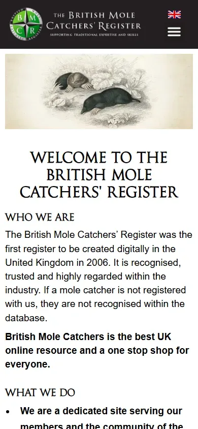 The professional membership register website for British Mole Catchers' Register shown on a phone