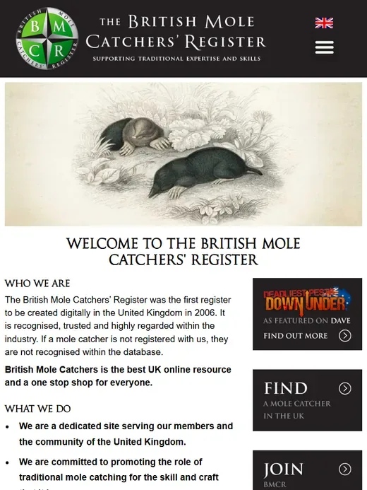 The professional membership register website for British Mole Catchers' Register shown on a tablet