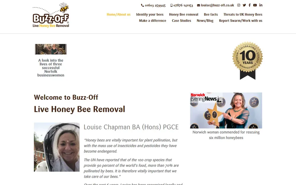 The live honey bee removal website for Buzz-Off Live Honey Bee Removal shown on a desktop browser