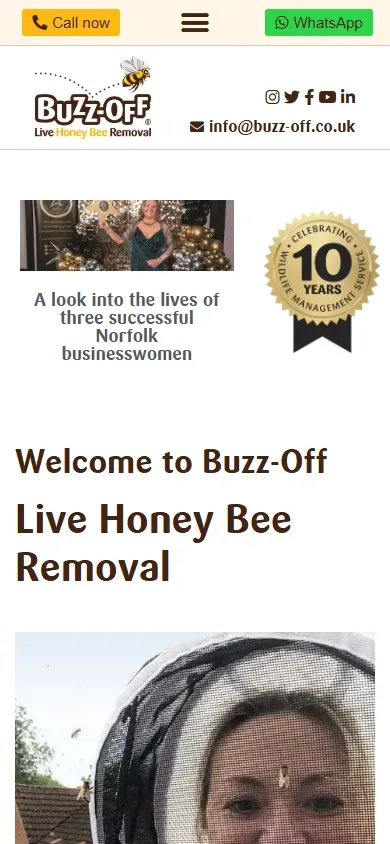 The live honey bee removal website for Buzz-Off Live Honey Bee Removal shown on a phone