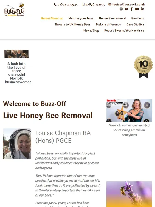 The live honey bee removal website for Buzz-Off Live Honey Bee Removal shown on a tablet