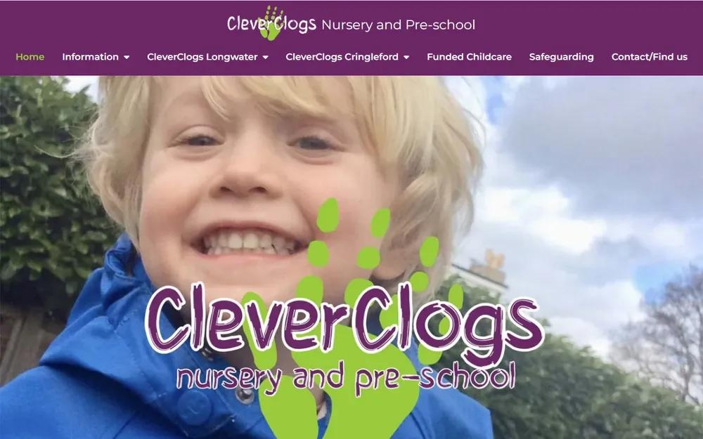 The nursery and pre-school website for CleverClogs Nursery & Pre-School shown on a desktop browser