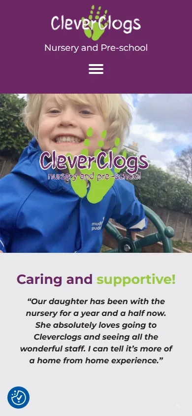 The nursery and pre-school website for CleverClogs Nursery & Pre-School shown on a phone