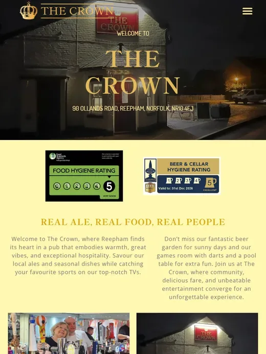 The pub website for The Crown Reepham shown on a tablet