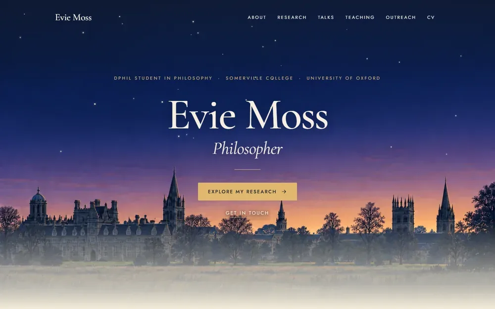 The home page of eviemossphilosophy.uk: Evie Moss, Philosopher, in large serif type over an illustrated Oxford skyline at dusk