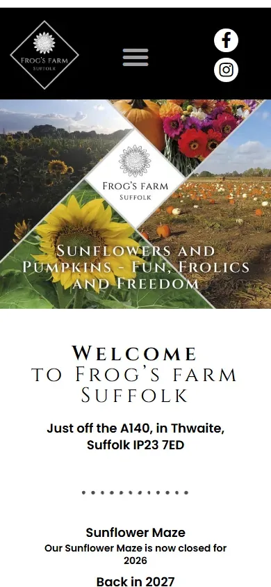 The farm and family attraction website for Frog's Farm Suffolk shown on a phone