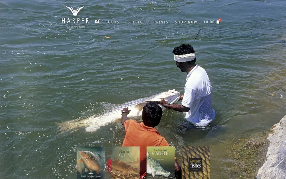 The limited-edition book publishing website for Harper Fine Angling Books shown on a desktop browser