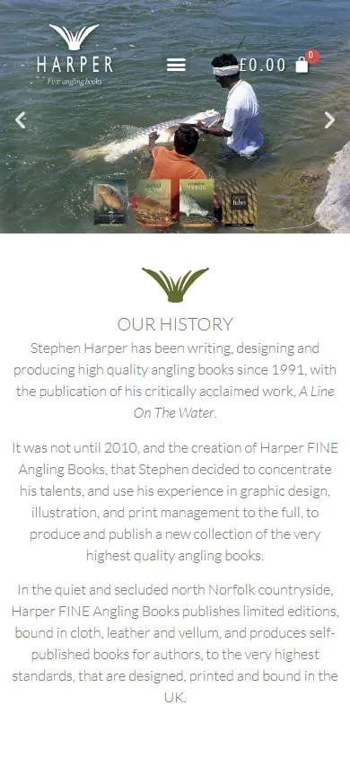 The limited-edition book publishing website for Harper Fine Angling Books shown on a phone