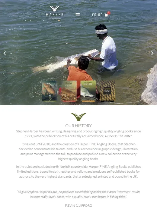 The limited-edition book publishing website for Harper Fine Angling Books shown on a tablet