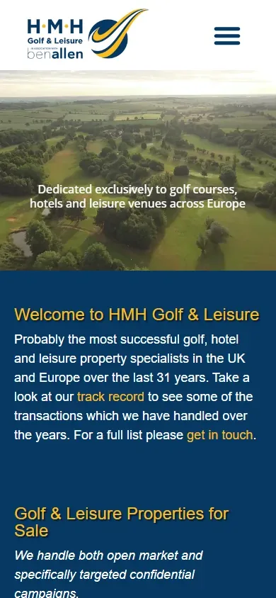The golf and leisure property brokerage website for HMH Golf & Leisure shown on a phone