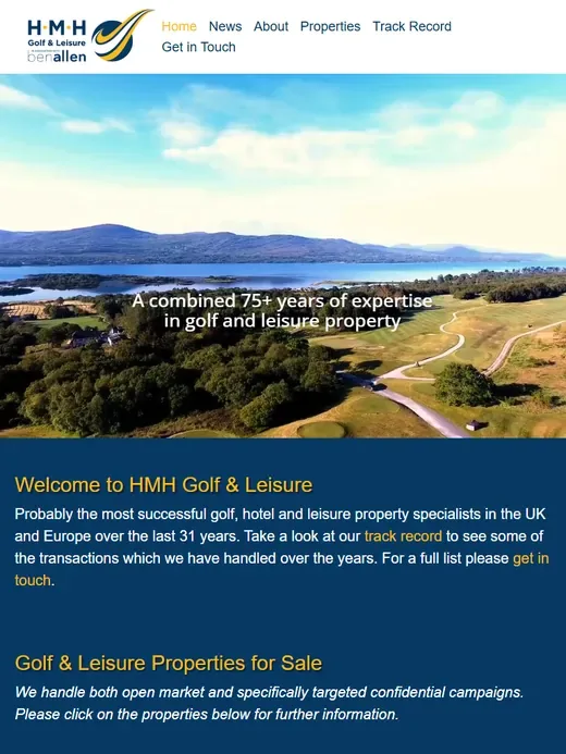 The golf and leisure property brokerage website for HMH Golf & Leisure shown on a tablet