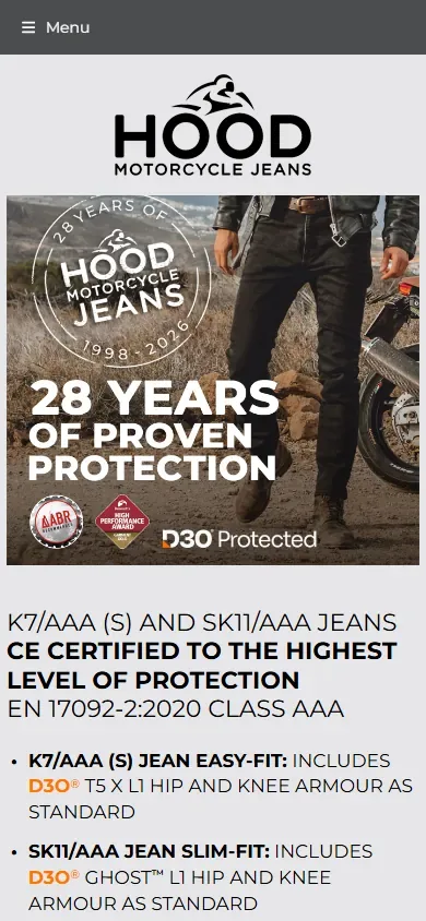 The motorcycle clothing website for Hood Motorcycle Jeans shown on a phone