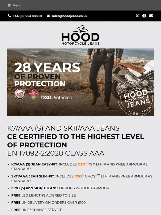 The motorcycle clothing website for Hood Motorcycle Jeans shown on a tablet