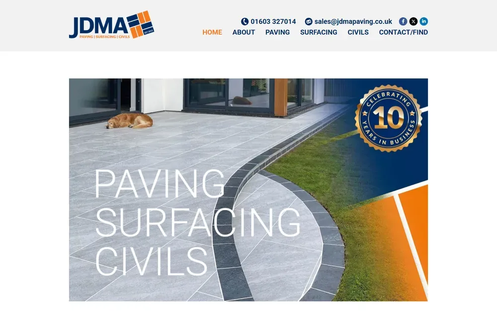 The paving, surfacing and civils website for JDMA Paving & Landscaping shown on a desktop browser