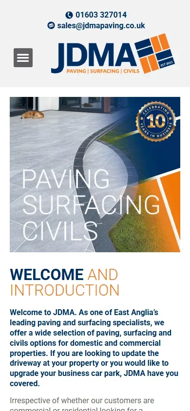 The paving, surfacing and civils website for JDMA Paving & Landscaping shown on a phone