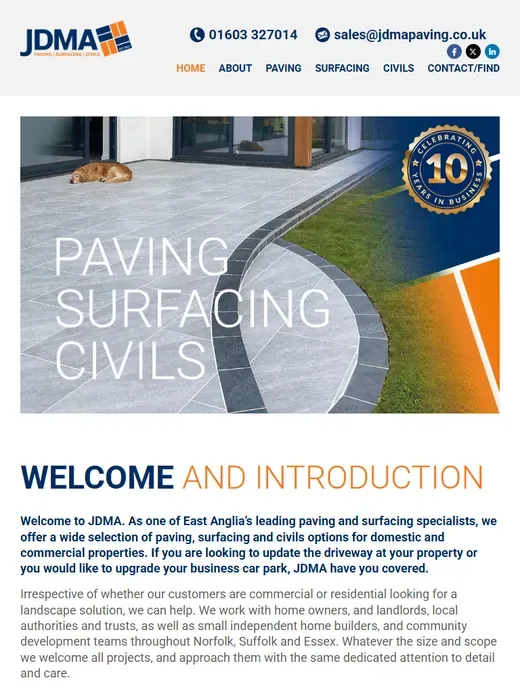 The paving, surfacing and civils website for JDMA Paving & Landscaping shown on a tablet