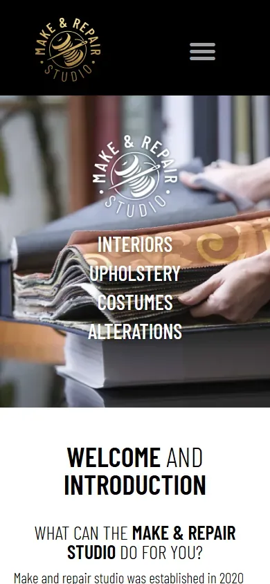 The upholstery, costume and alterations website for Make & Repair Studio shown on a phone