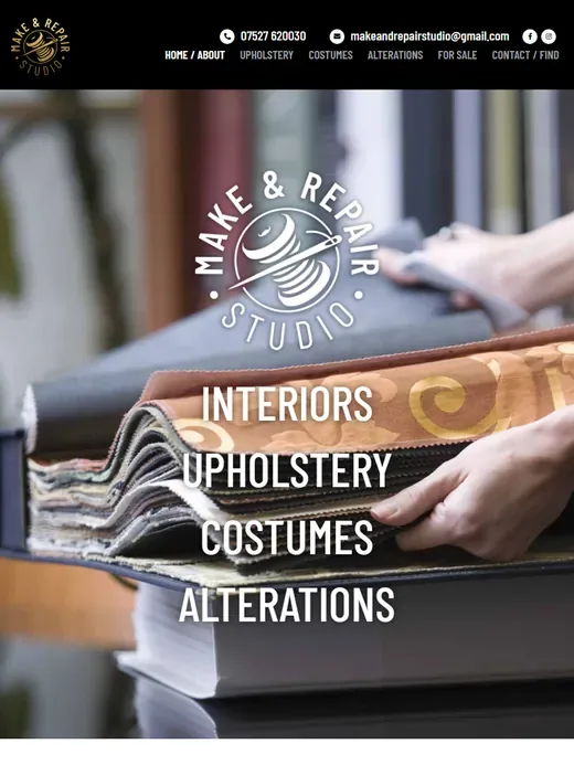 The upholstery, costume and alterations website for Make & Repair Studio shown on a tablet
