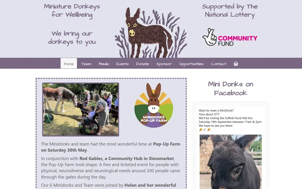 The social enterprise website for Miniature Donkeys for Wellbeing shown on a desktop browser