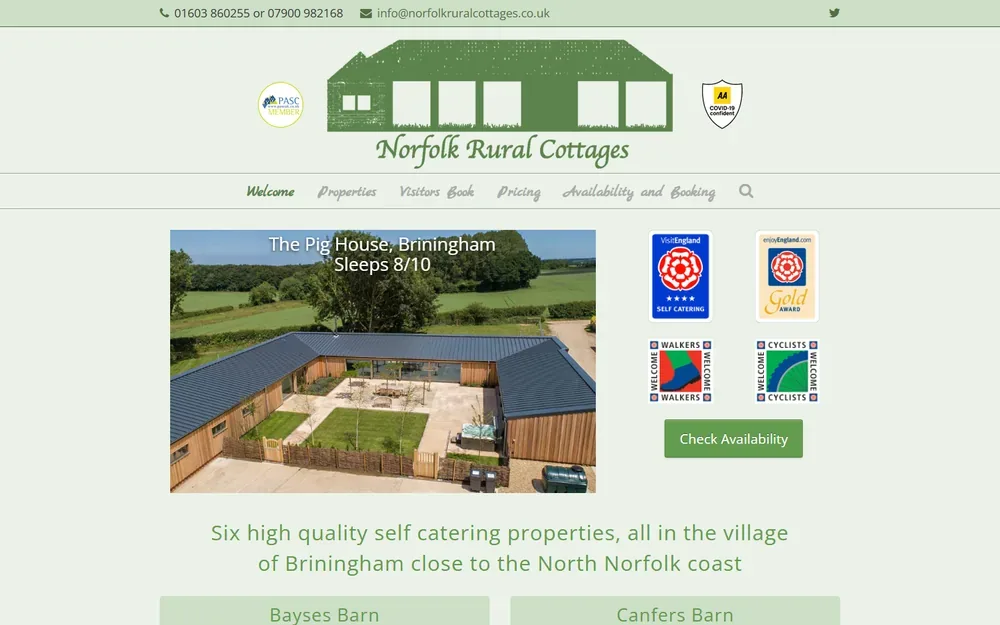 The holiday let website for Norfolk Rural Cottages shown on a desktop browser
