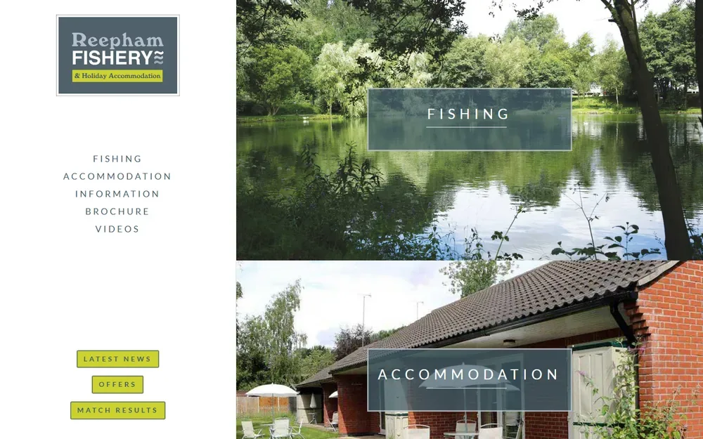 The fishery and holiday accommodation website for Reepham Fishery shown on a desktop browser