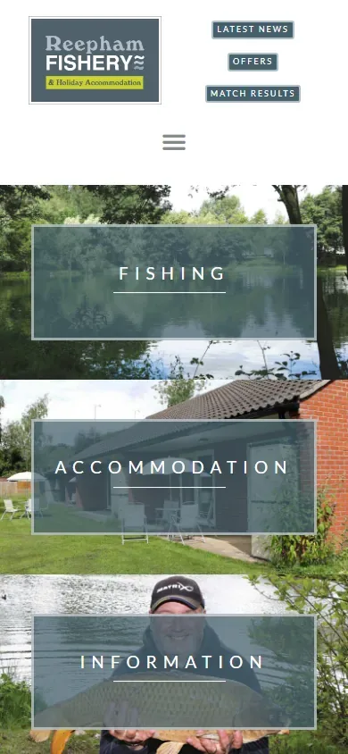 The fishery and holiday accommodation website for Reepham Fishery shown on a phone
