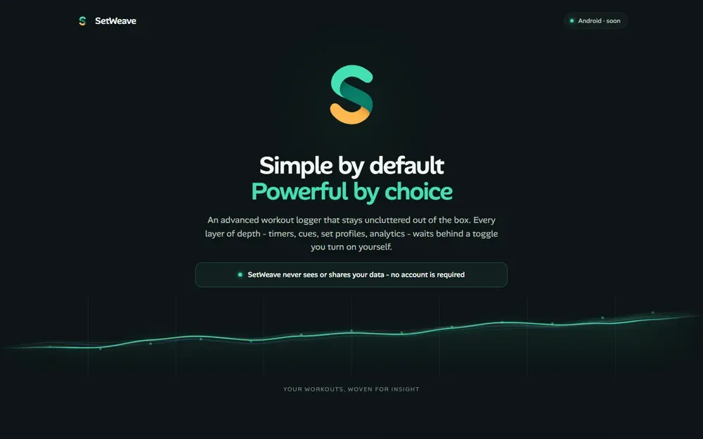 The workout logging app website for SetWeave shown on a desktop browser