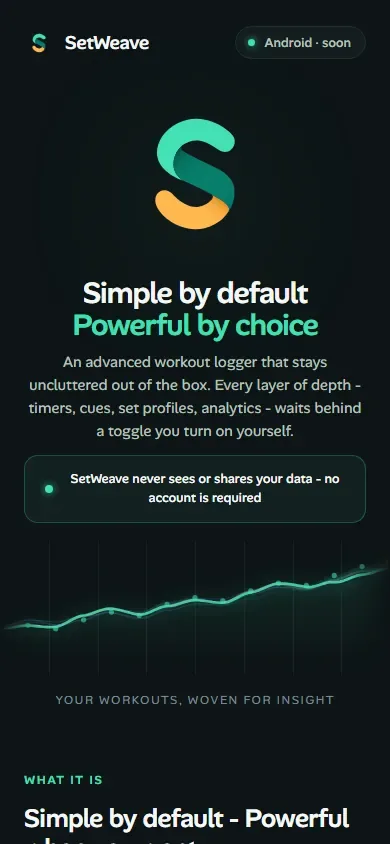 The workout logging app website for SetWeave shown on a phone