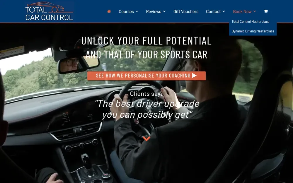 The high-performance driver training website for Total Car Control shown on a desktop browser