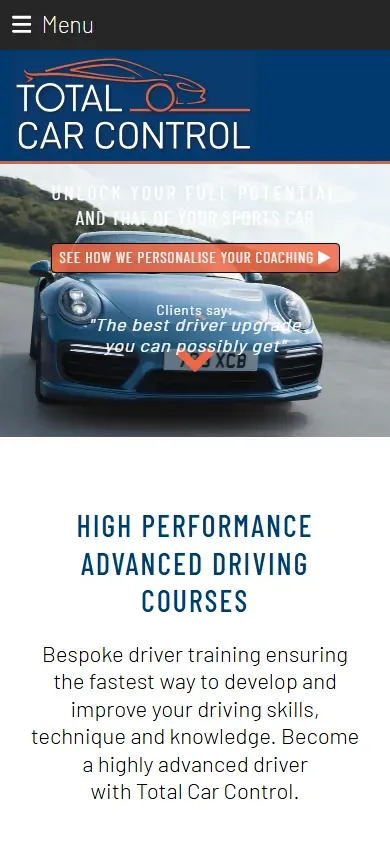 The high-performance driver training website for Total Car Control shown on a phone