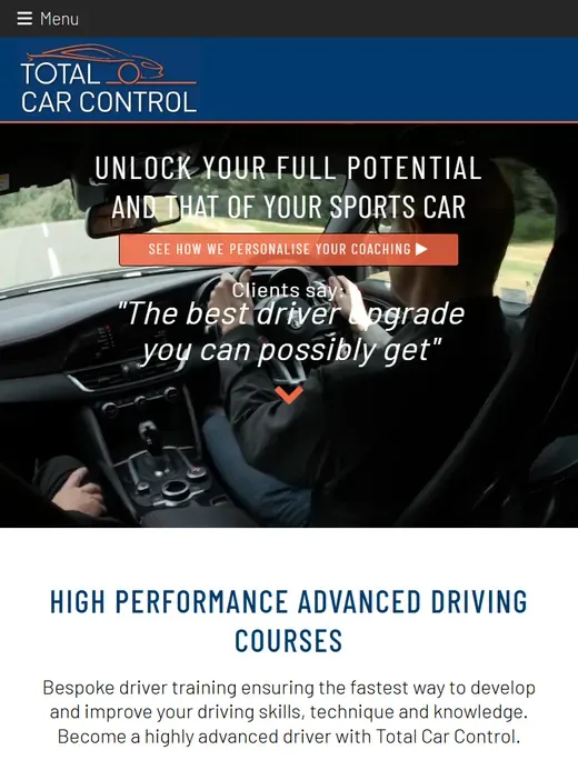 The high-performance driver training website for Total Car Control shown on a tablet