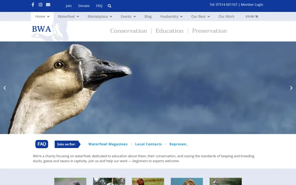The national charity and membership organisation website for British Waterfowl Association shown on a desktop browser