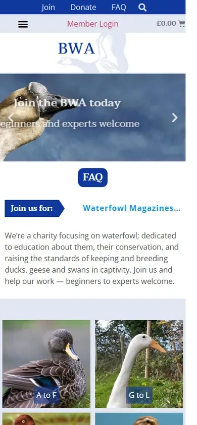 The national charity and membership organisation website for British Waterfowl Association shown on a phone