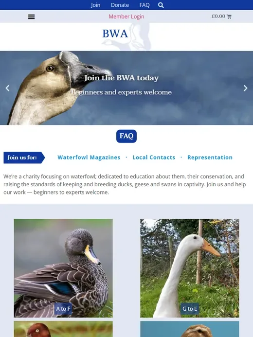 The national charity and membership organisation website for British Waterfowl Association shown on a tablet